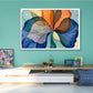 Luminous Petals abstract floral canvas wall art featuring layered translucent petals in sapphire blue, aqua green, ivory, and amber tones.