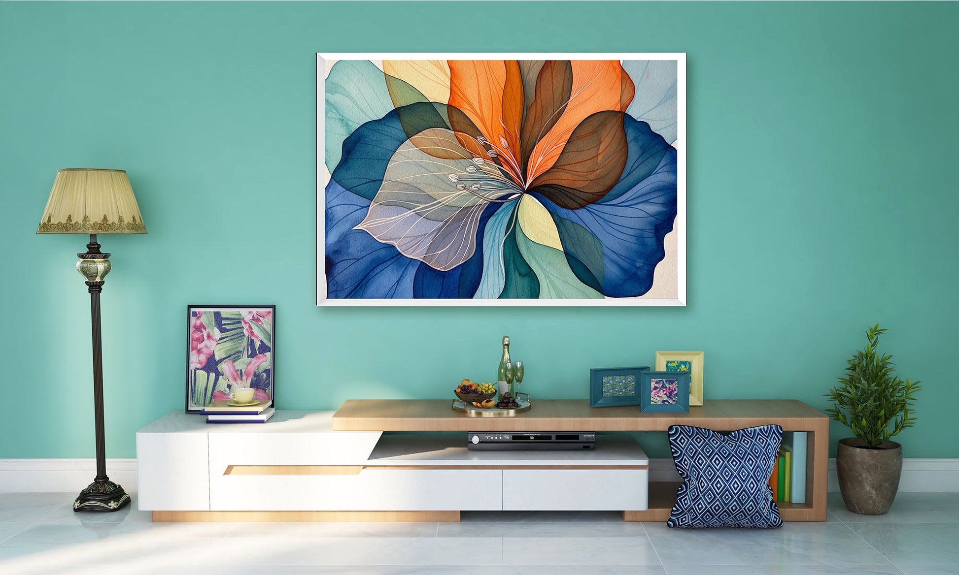 Luminous Petals abstract floral canvas wall art featuring layered translucent petals in sapphire blue, aqua green, ivory, and amber tones.