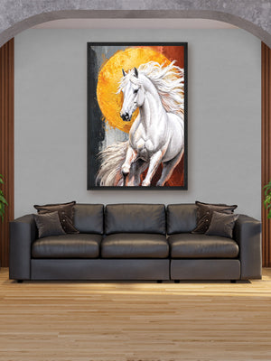 Gray sofa with a horse painting on the wall in a room with wooden flooring.
