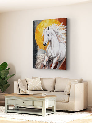 Living room with a painting of a white horse on a wall above a beige sofa.