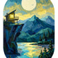 Mountain landscape canvas wall art featuring a moonlit cabin on a cliff overlooking a reflective lake surrounded by majestic mountain peaks.