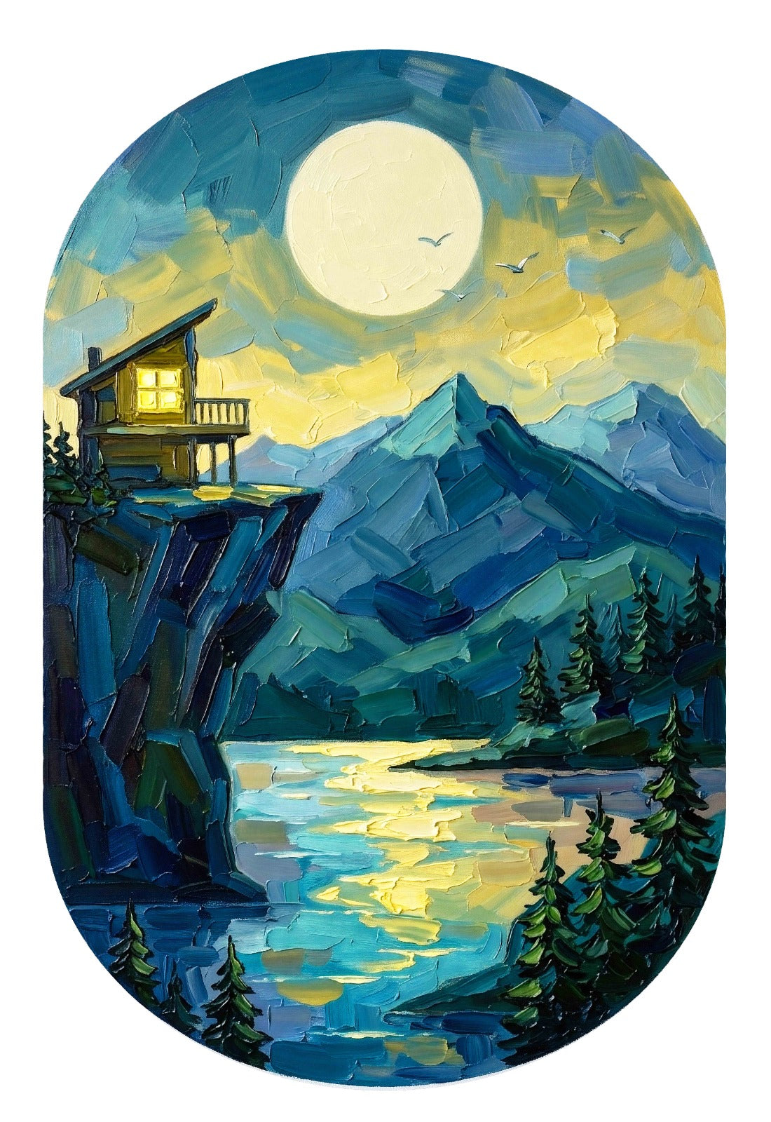 Mountain landscape canvas wall art featuring a moonlit cabin on a cliff overlooking a reflective lake surrounded by majestic mountain peaks.