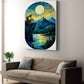 Painting of a mountain landscape with a cabin over a lake on a wall above a beige sofa.