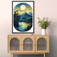 Framed artwork of a mountain landscape above a wooden cabinet with glass doors.
