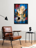 Moonlit Voyage contemporary abstract canvas wall art featuring a solitary boat on reflective water beneath a luminous moon and geometric blue landscape
