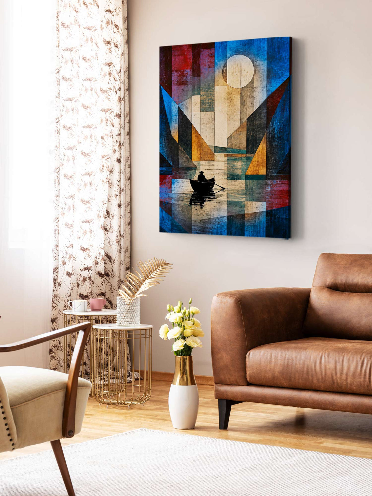 Moonlit Voyage contemporary abstract canvas wall art featuring a solitary boat on reflective water beneath a luminous moon and geometric blue landscape