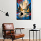 Moonlit Voyage contemporary abstract canvas wall art featuring a solitary boat on reflective water beneath a luminous moon and geometric blue landscape