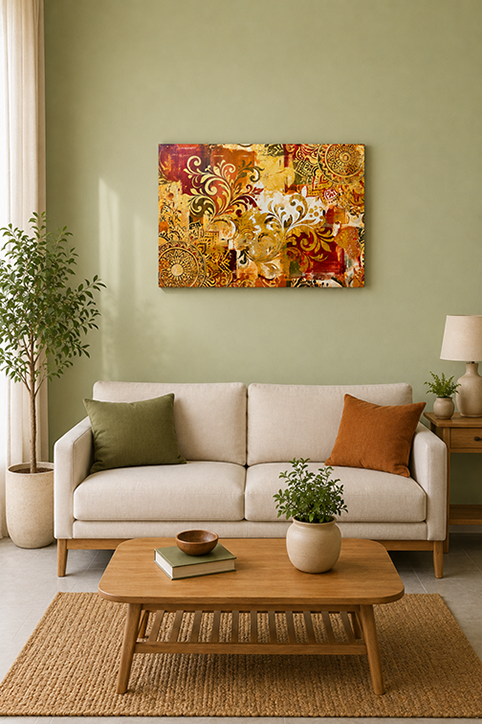 A colorful abstract canvas wall art print with gold, orange, red, and white swirls, displayed in a modern living room setting above a beige sofa.