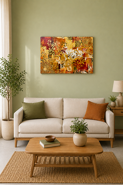 A colorful abstract canvas wall art print with gold, orange, red, and white swirls, displayed in a modern living room setting above a beige sofa.