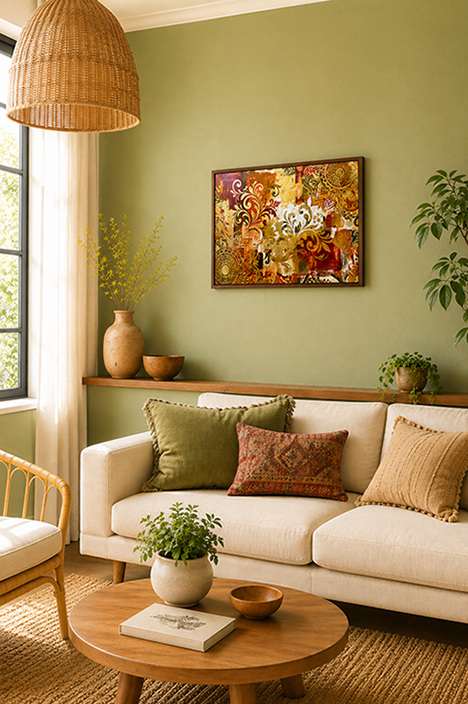 A styled living room scene with a cream sofa, patterned throw pillows, a round wooden coffee table, a wicker pendant light, and a framed abstract painting on an olive green wall.