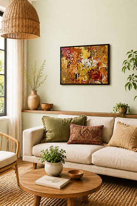 A framed abstract painting with warm orange, yellow, and red tones hangs on a light beige wall above a cream sofa in a styled living room with woven decor, plants, and a wicker pendant light.