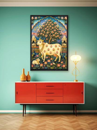 Nandi in Bloom Pichwai Indian Heritage canvas wall art featuring sacred Nandi surrounded by lotus flowers, peacocks and ornate temple-inspired architecture