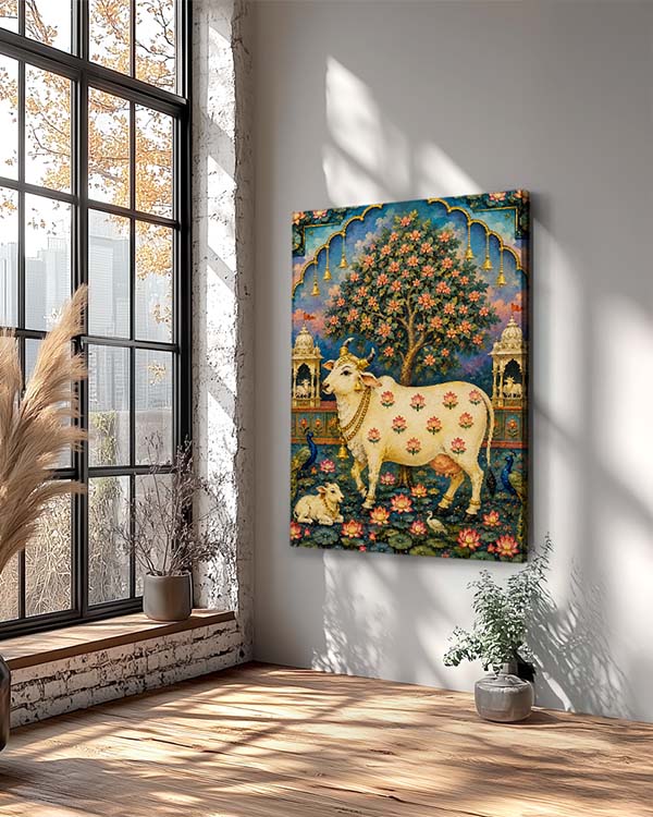 Nandi in Bloom Pichwai Indian Heritage canvas wall art featuring sacred Nandi surrounded by lotus flowers, peacocks and ornate temple-inspired architecture