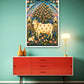 Nandi in Bloom Pichwai Indian Heritage canvas wall art featuring sacred Nandi surrounded by lotus flowers, peacocks and ornate temple-inspired architecture