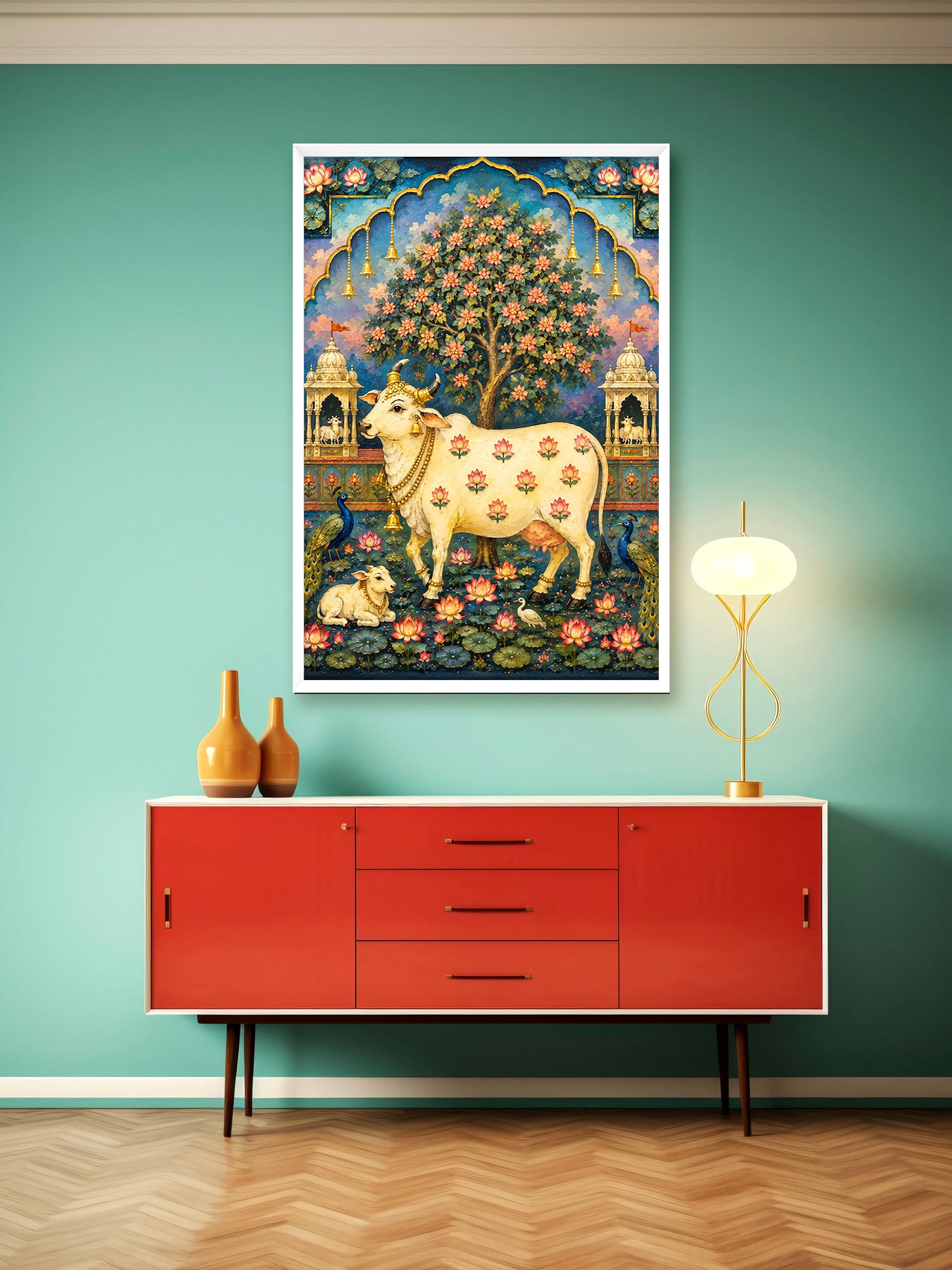 Nandi in Bloom Pichwai Indian Heritage canvas wall art featuring sacred Nandi surrounded by lotus flowers, peacocks and ornate temple-inspired architecture