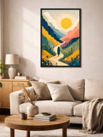 New Horizon inspirational contemporary landscape canvas wall art featuring a winding path through colourful mountains and wildflowers toward a radiant golden sun
