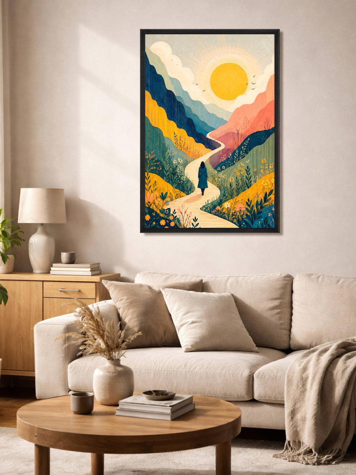 New Horizon inspirational contemporary landscape canvas wall art featuring a winding path through colourful mountains and wildflowers toward a radiant golden sun