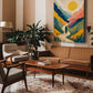 New Horizon inspirational contemporary landscape canvas wall art featuring a winding path through colourful mountains and wildflowers toward a radiant golden sun