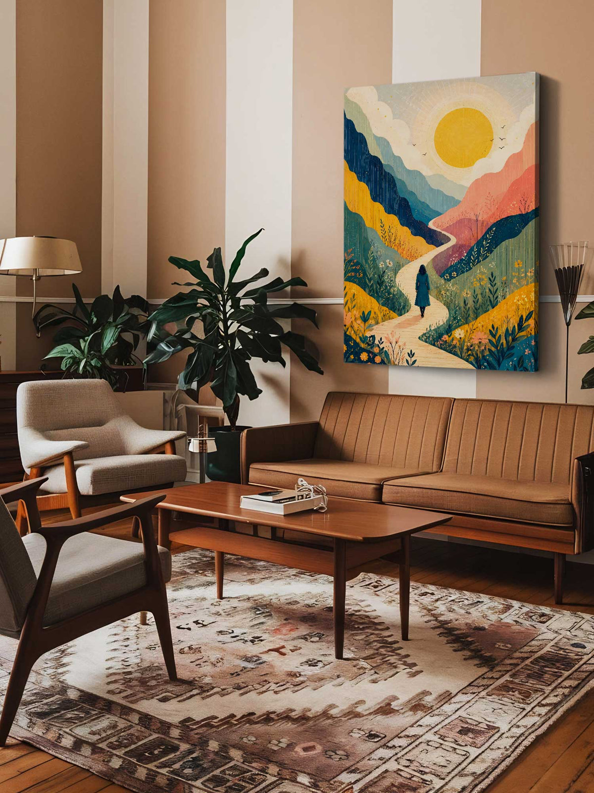 New Horizon inspirational contemporary landscape canvas wall art featuring a winding path through colourful mountains and wildflowers toward a radiant golden sun