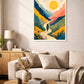 New Horizon inspirational contemporary landscape canvas wall art featuring a winding path through colourful mountains and wildflowers toward a radiant golden sun
