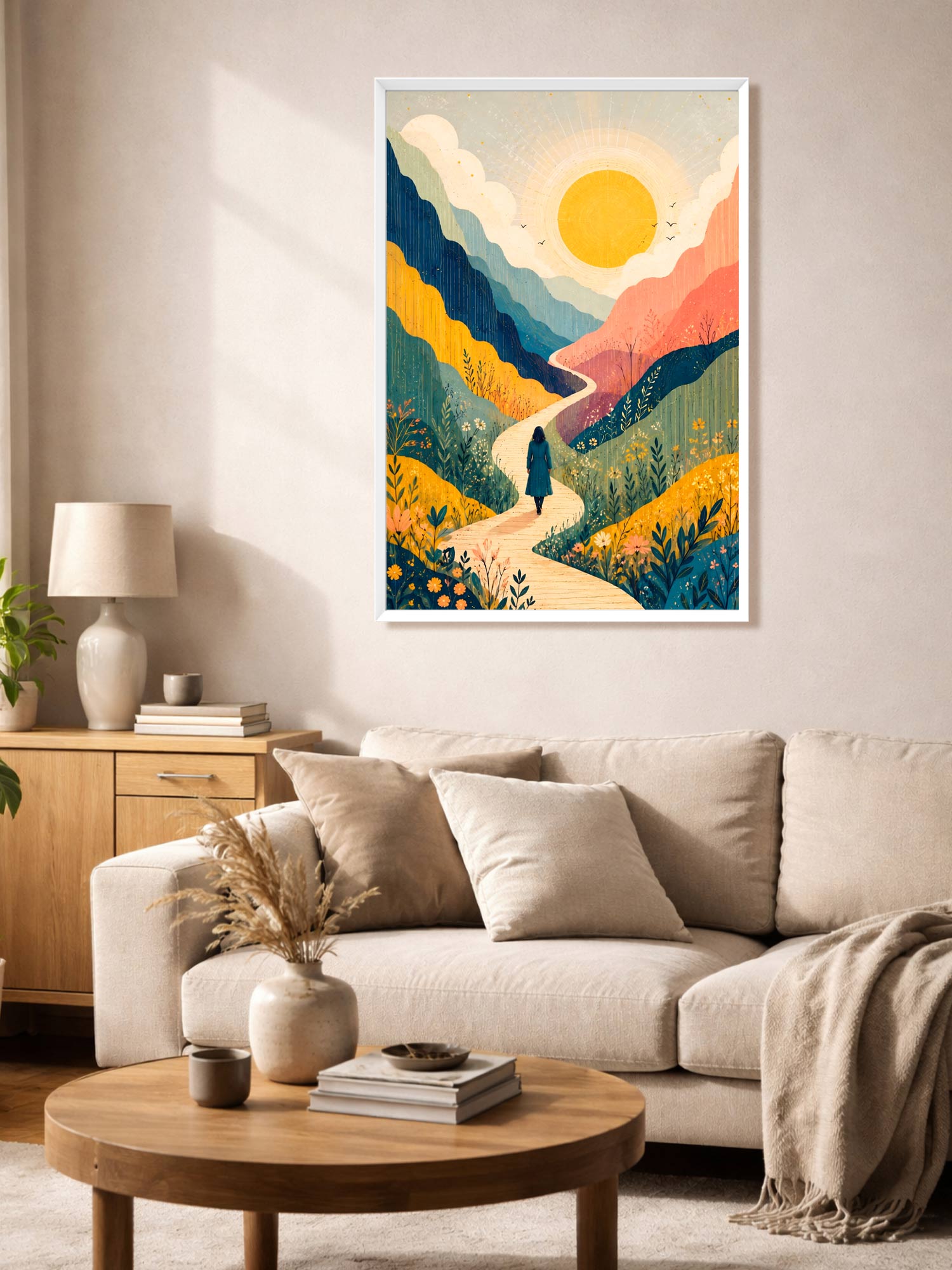 New Horizon inspirational contemporary landscape canvas wall art featuring a winding path through colourful mountains and wildflowers toward a radiant golden sun