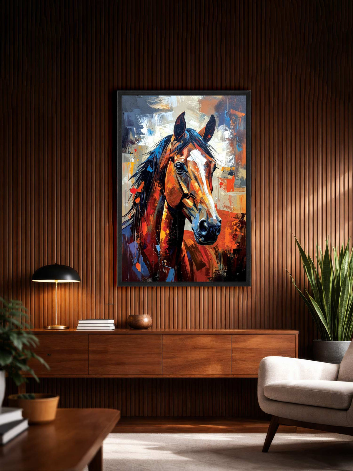 A framed colorful painting of a horse's head hanging on a dark wood slatted wall above a wooden console table in a modern living room setting.