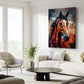 A colorful canvas wall art print of a horse, painted in an expressive, textured style with orange, blue, black, and white brushstrokes, displayed in a modern living room setting above a white sofa.