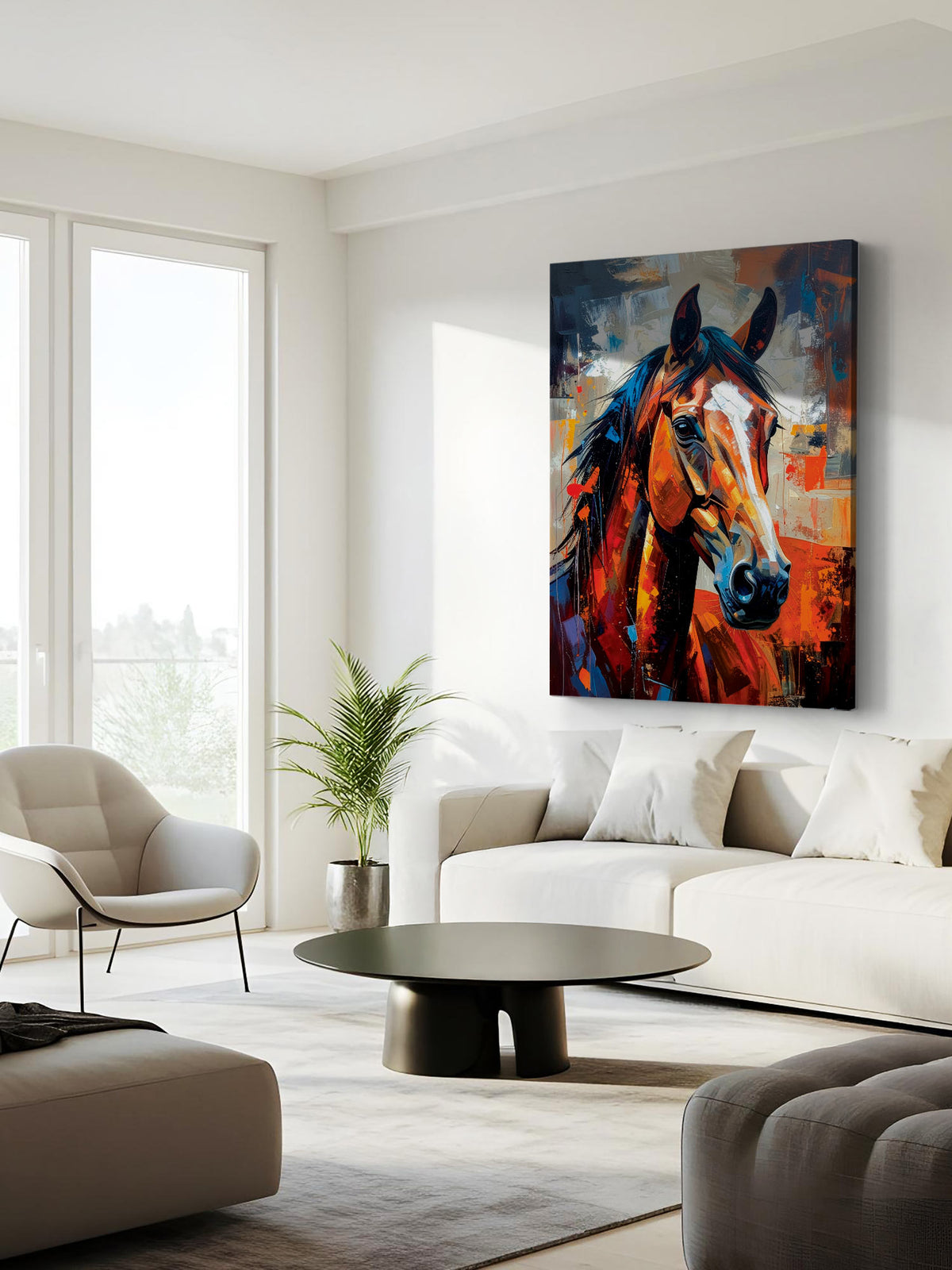 A colorful canvas wall art print of a horse, painted in an expressive, textured style with orange, blue, black, and white brushstrokes, displayed in a modern living room setting above a white sofa.