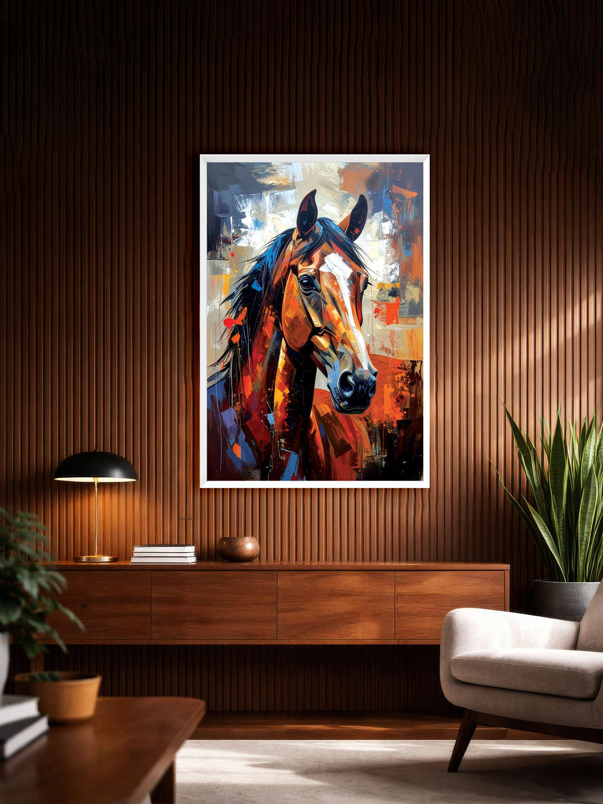 Painted Horse contemporary horse canvas wall art featuring a majestic horse in expressive orange, blue, black and white brushstrokes