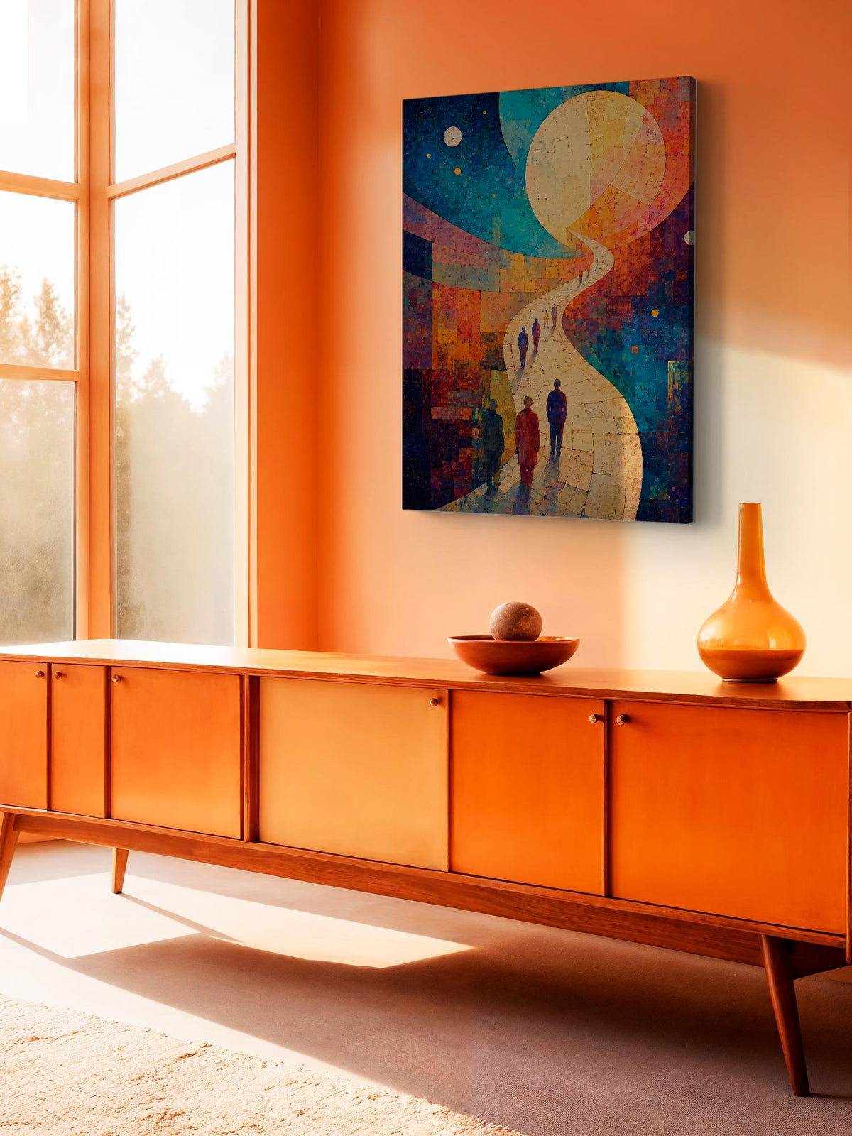 Path of Light contemporary abstract canvas wall art featuring a winding illuminated path, silhouetted figures and a radiant golden celestial form