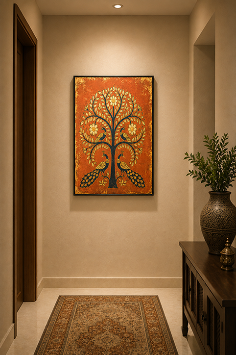 A framed vertical art print featuring a stylized tree of life with peacocks, displayed on a beige wall in a hallway with a patterned rug and a dark wooden console table with a vase.