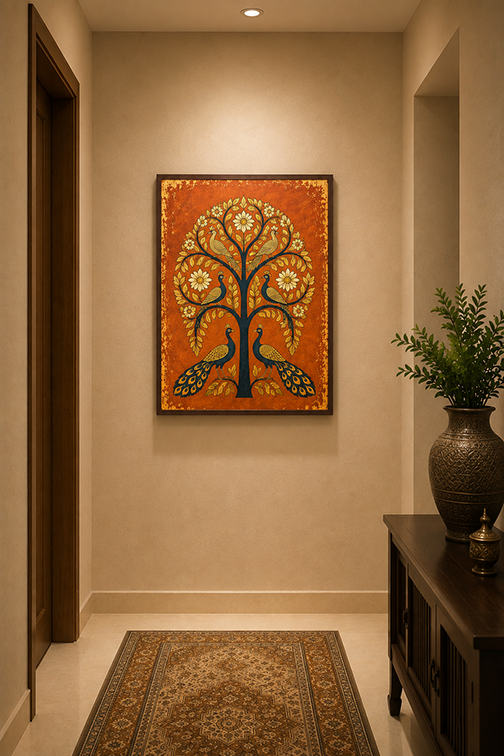 A framed vertical canvas art print featuring a stylized tree of life with peacocks, displayed on a beige wall in a hallway with a rug and a dark wooden console table with a potted plant.