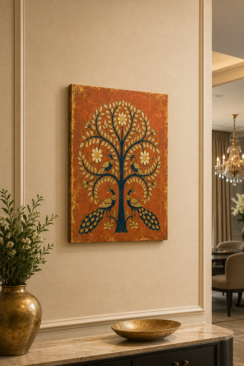 A vertical canvas wall art print featuring a stylised tree of life with peacocks, displayed on a beige wall in a modern interior setting.