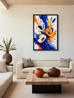 Petals & Pigment contemporary floral canvas wall art featuring orange and white flowers with bold cobalt blue, yellow and expressive painterly brushstrokes