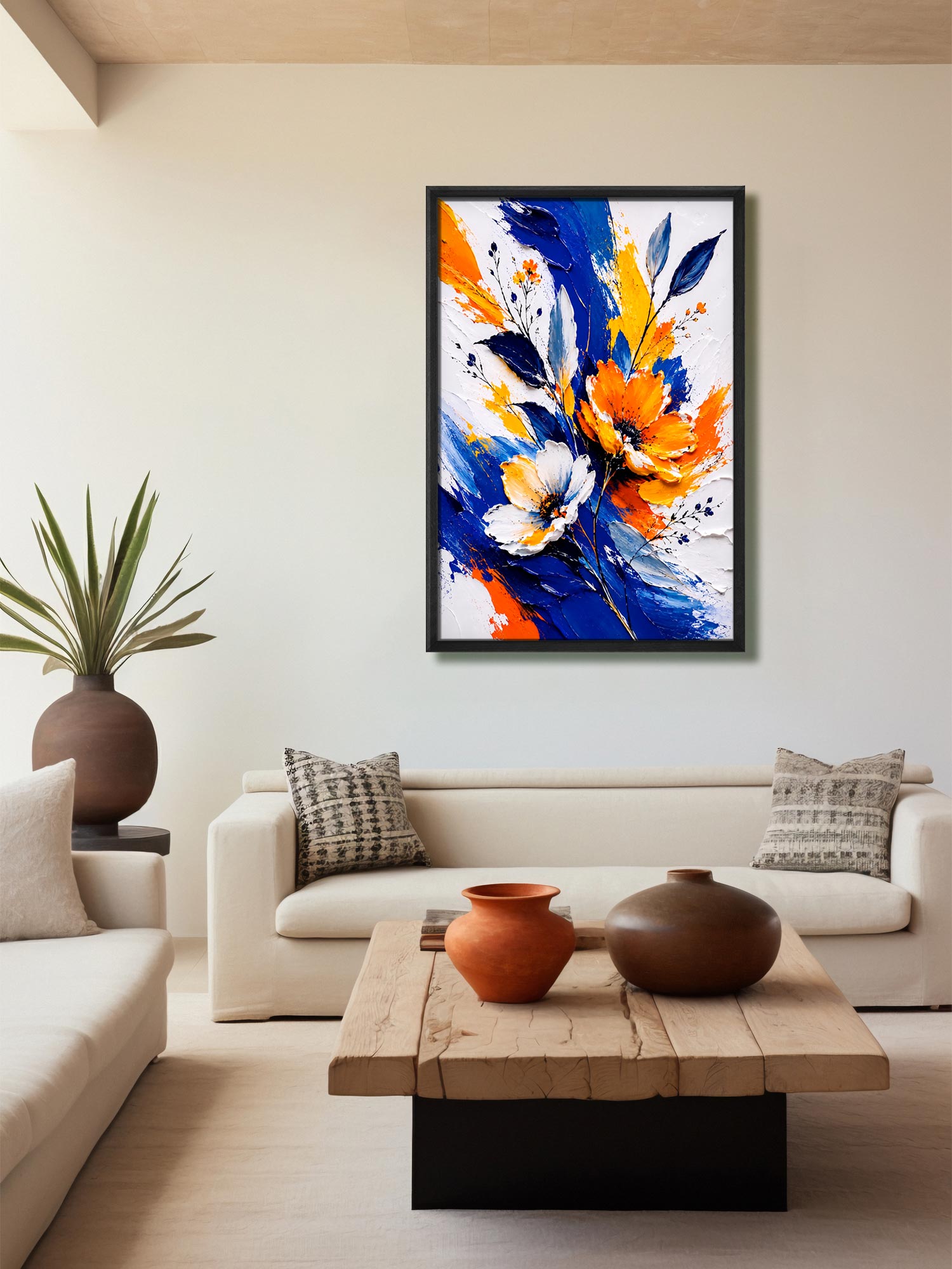 Petals & Pigment contemporary floral canvas wall art featuring orange and white flowers with bold cobalt blue, yellow and expressive painterly brushstrokes