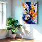 Petals & Pigment contemporary floral canvas wall art featuring orange and white flowers with bold cobalt blue, yellow and expressive painterly brushstrokes