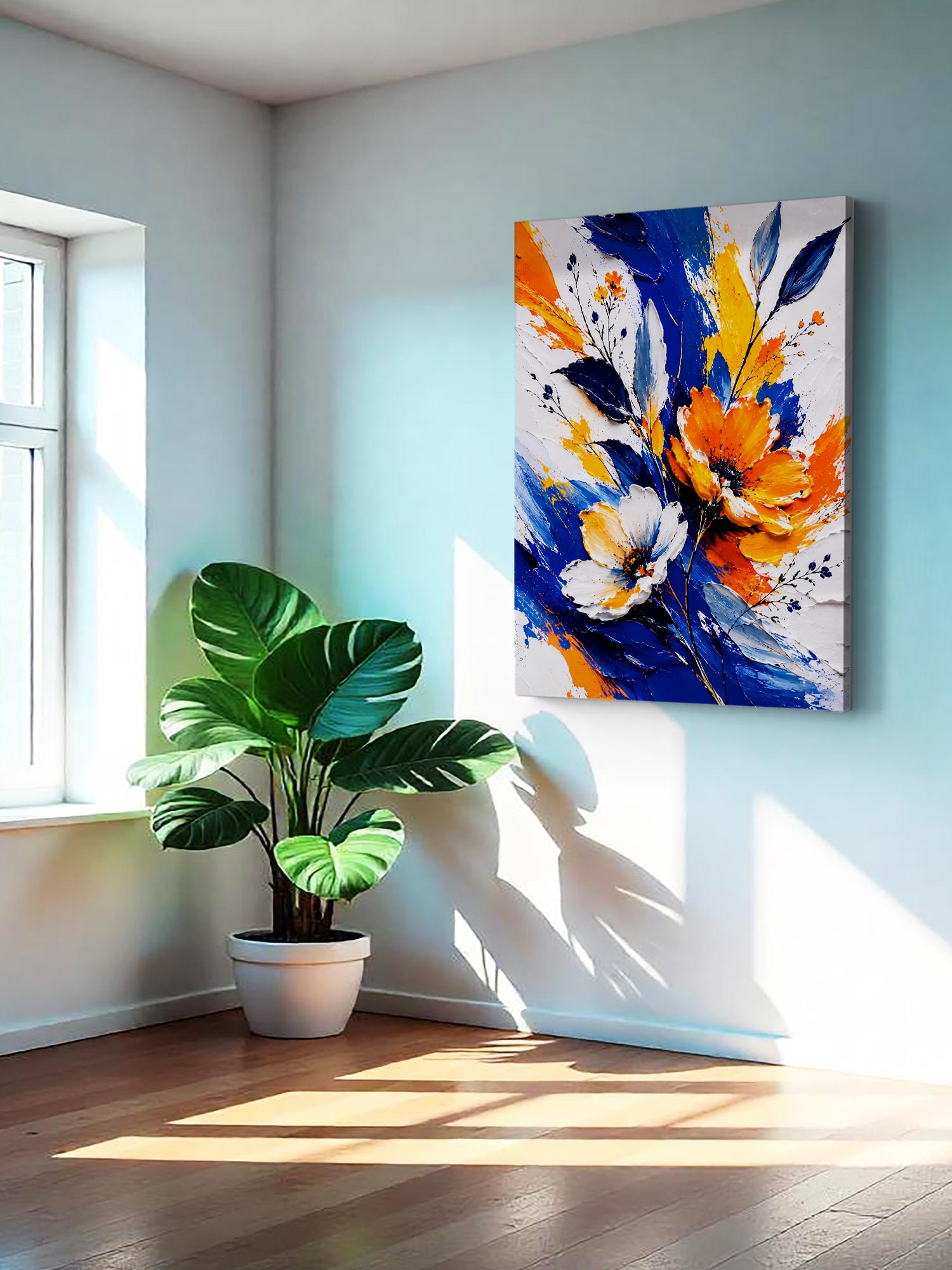 Petals & Pigment contemporary floral canvas wall art featuring orange and white flowers with bold cobalt blue, yellow and expressive painterly brushstrokes