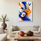 Petals & Pigment contemporary floral canvas wall art featuring orange and white flowers with bold cobalt blue, yellow and expressive painterly brushstrokes