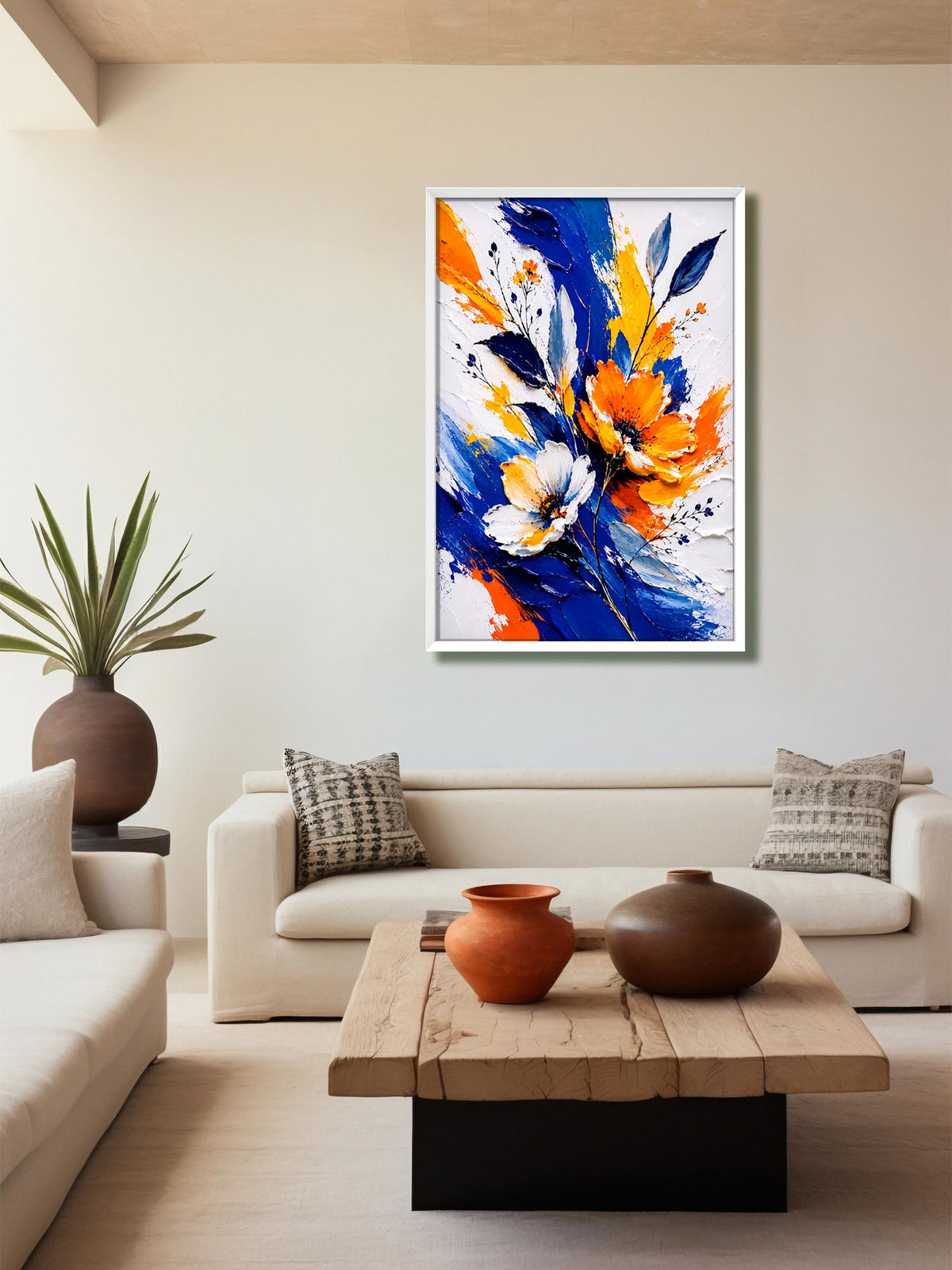 Petals & Pigment contemporary floral canvas wall art featuring orange and white flowers with bold cobalt blue, yellow and expressive painterly brushstrokes