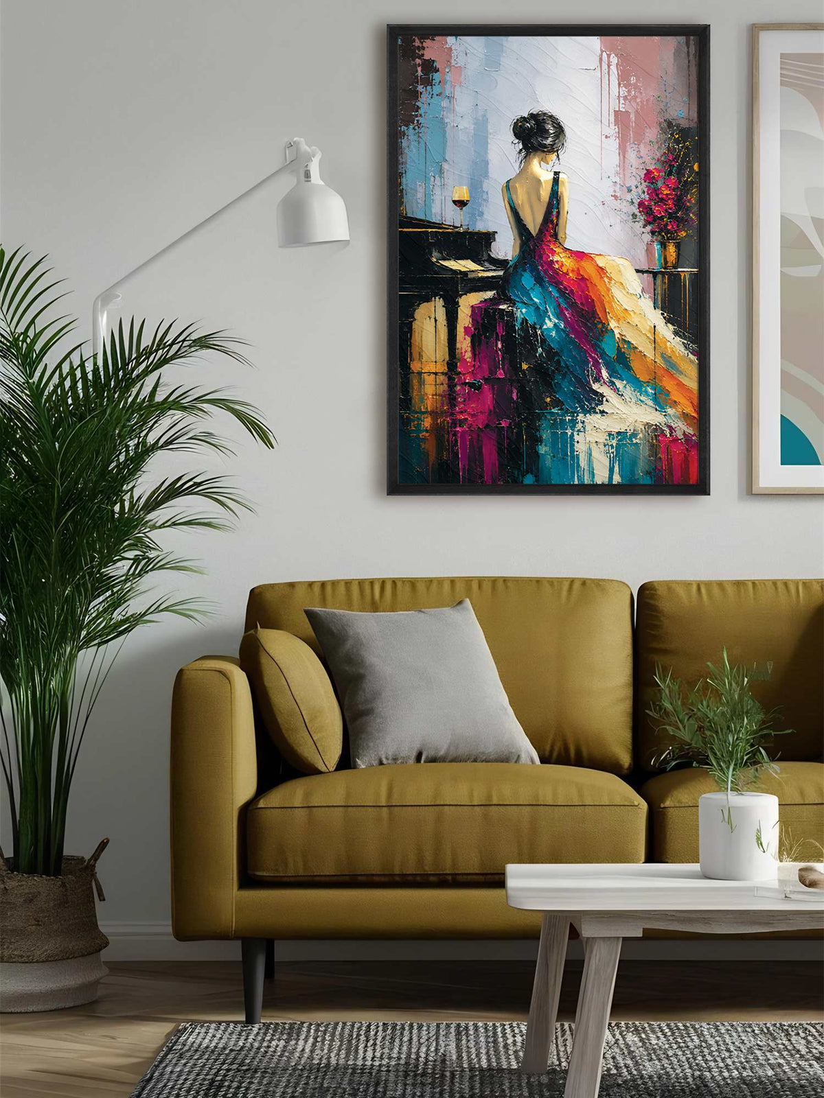 Piano & Petals contemporary figurative canvas wall art featuring an elegant woman in a colourful flowing dress seated beside a grand piano