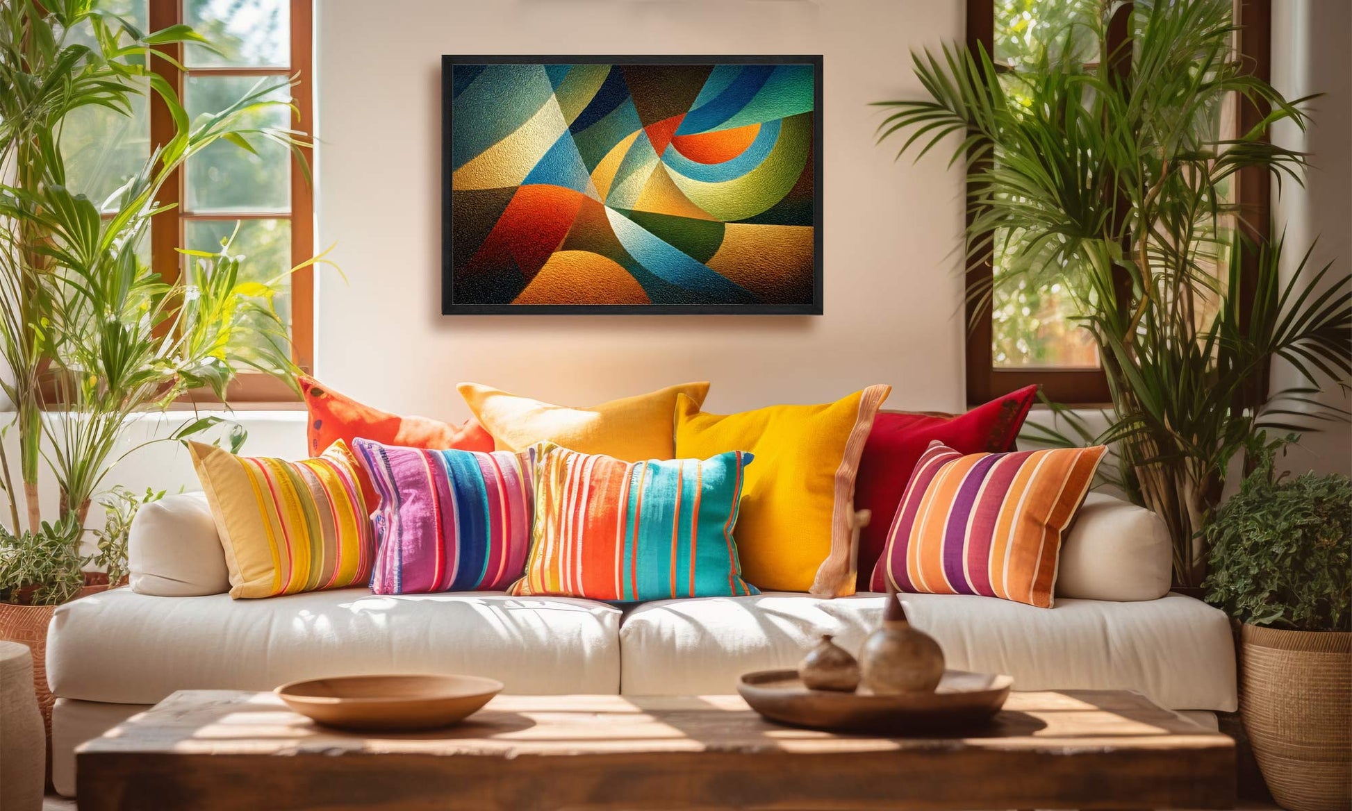 Prismatic Forms contemporary geometric abstract canvas wall art featuring interlocking teal, blue, gold, orange and red geometric forms