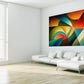 Prismatic Forms contemporary geometric abstract canvas wall art featuring interlocking teal, blue, gold, orange and red geometric forms
