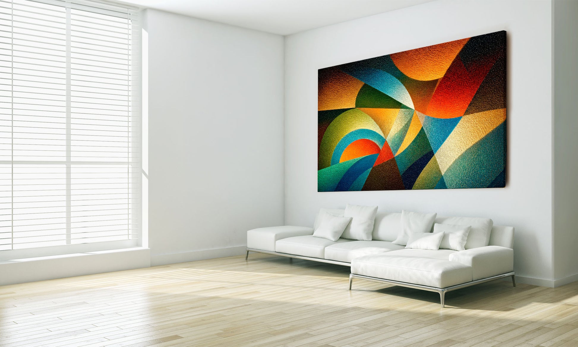Prismatic Forms contemporary geometric abstract canvas wall art featuring interlocking teal, blue, gold, orange and red geometric forms