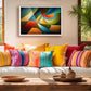 Prismatic Forms contemporary geometric abstract canvas wall art featuring interlocking teal, blue, gold, orange and red geometric forms