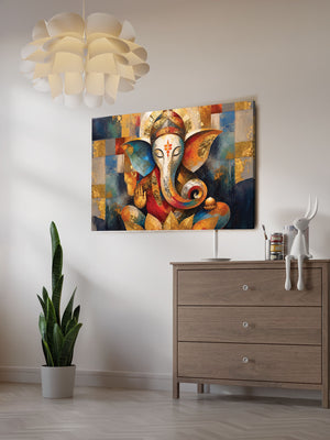 Coloruful abstract painting of an Ganesha deity on a wall above a wooden dresser.