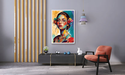Modern living room with a colorful abstract painting of a woman, a side table with decorative items, and a chair.
