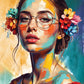 Radiant Lady in Colours contemporary portrait canvas wall art featuring a colourful female portrait with floral accents and expressive modern brushwork