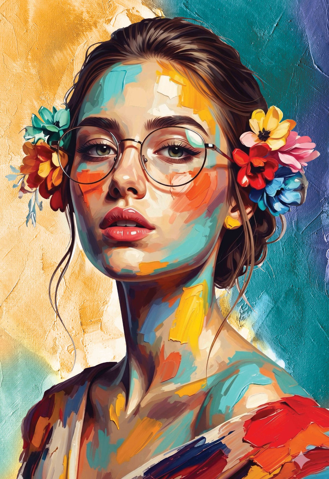Radiant Lady in Colours contemporary portrait canvas wall art featuring a colourful female portrait with floral accents and expressive modern brushwork