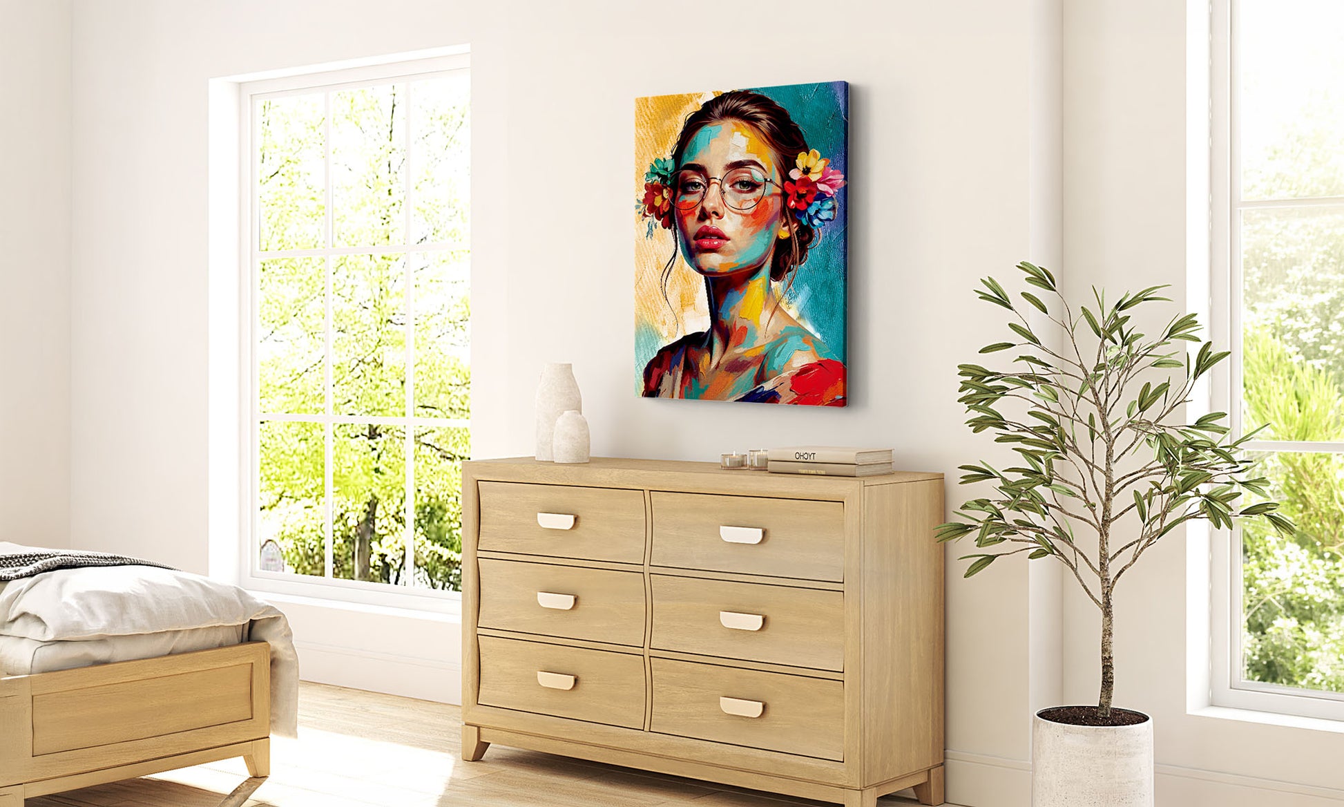 Modern bedroom with wooden dresser, colourful lady painting, and plant