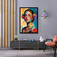 Modern interior with a colourful painting of a woman on the wall, a pink chair, and a coffee table.